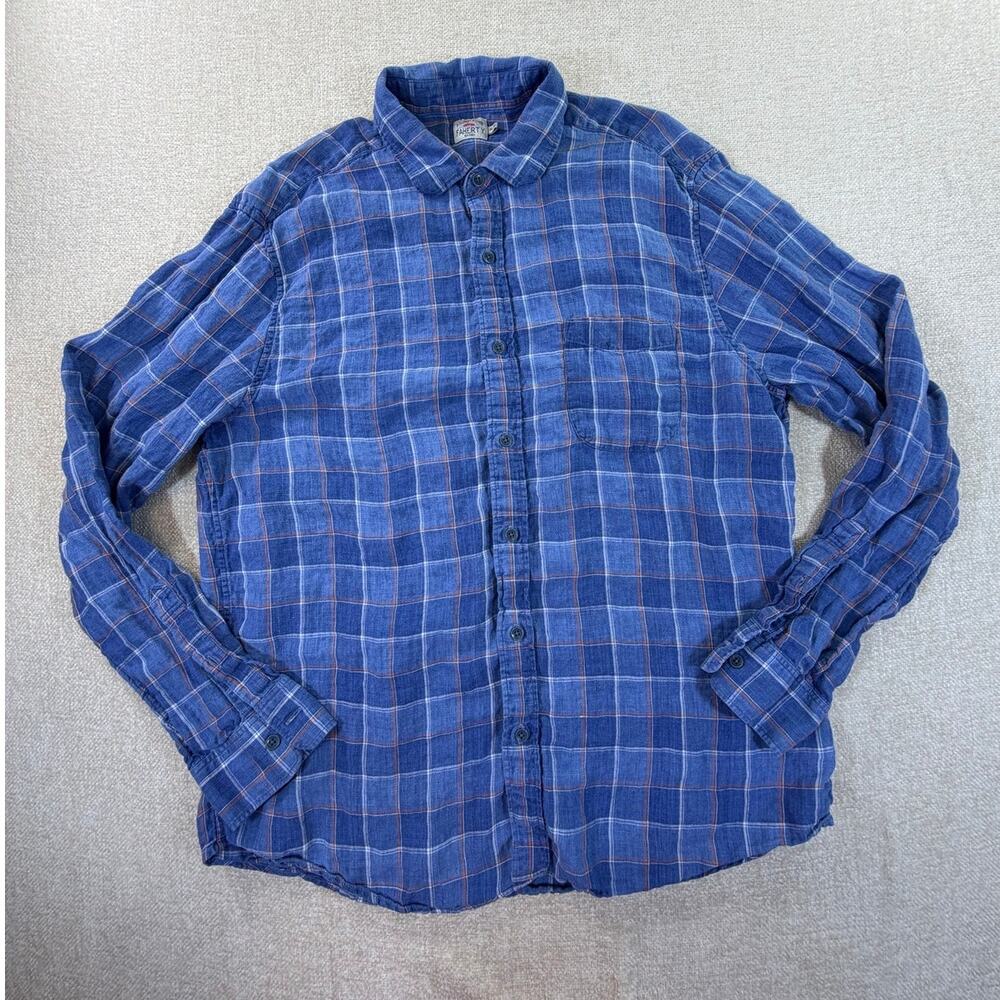 Faherty Men XL Blue Plaid Linen Lng Sleeve Lightweight Casual Button Front Shirt